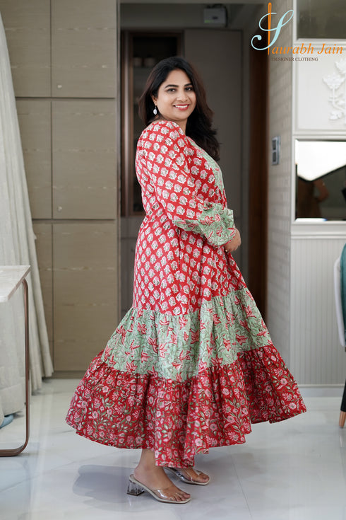 Designer Red/Green Cotton Women Jaipuri Dress, Side View